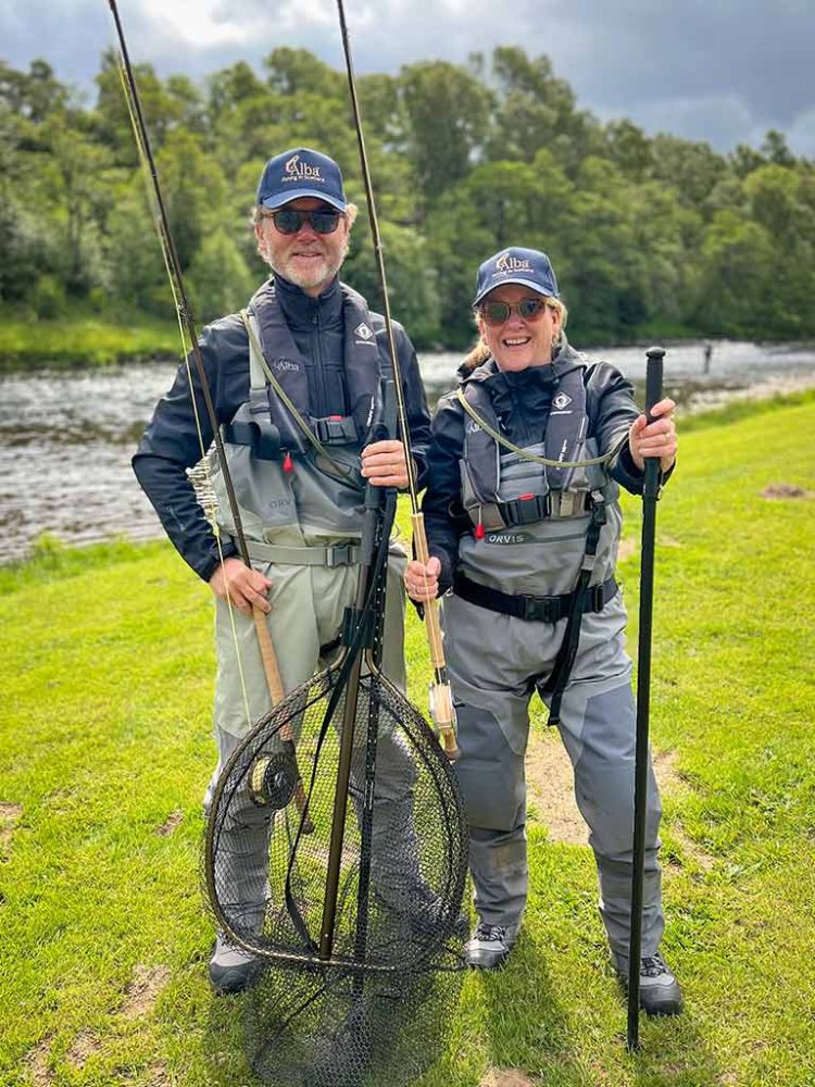 Dressed-for-the-river Salmon Fishing, Correct gear, Safety Equipment, Waders, Wading stick, PFD life vest
